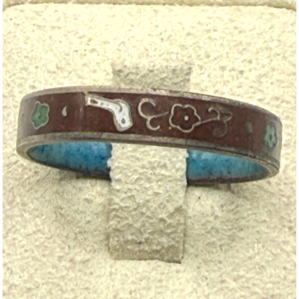 Vintage Cloisonne Enamel Floral Band Ring Brown Green Blue Size 9.75
